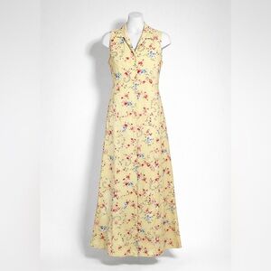 Vtg Floral Linen Blend Maxi Shirt Dress Size 8 Cottage Peasant Country Yellow